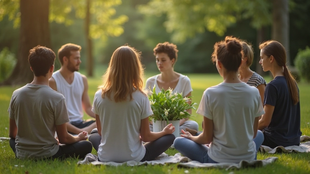 Group of diverse people meditating together in peaceful setting
