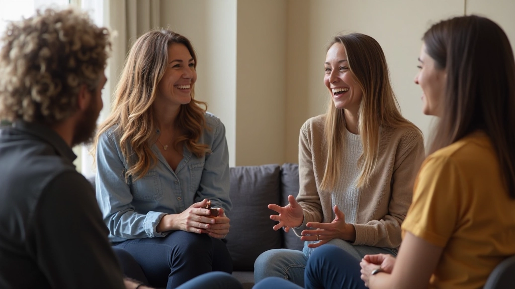 Groep diverse mensen zittend in een cirkel, luisterend en sprekend, open lichaamstaal, warm licht, minimale achtergrond