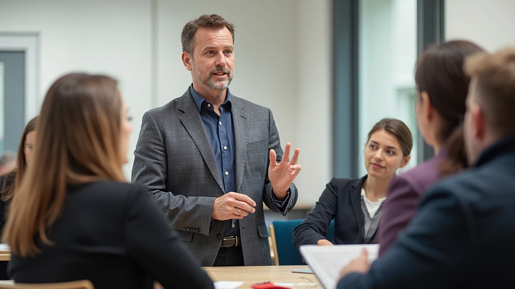 Trainer leidt oefening voor groep, demonstreert communicatietechniek, focus en aandacht, heldere werkruimte