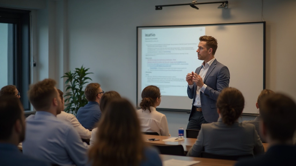 Trainer die emotionele intelligentie workshop leidt aan een groep geïnteresseerde deelnemers
