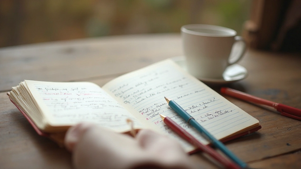 Close-up van open dagboek met handgeschreven notities en kleurrijke markeringen