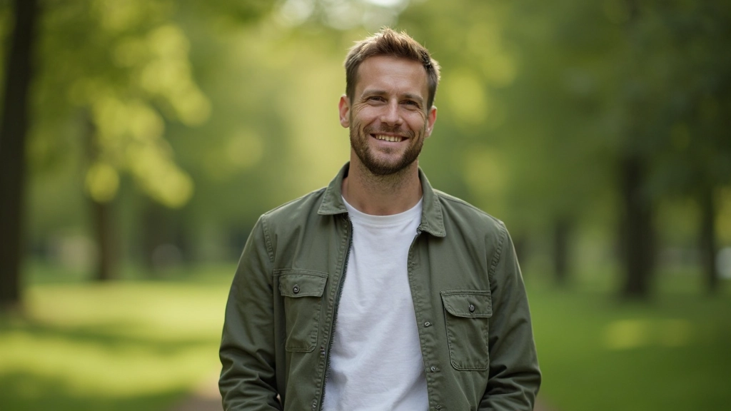 Man die zelfverzekerd en rustig staat in een natuuromgeving, het moment van innerlijke kracht en persoonlijke groei