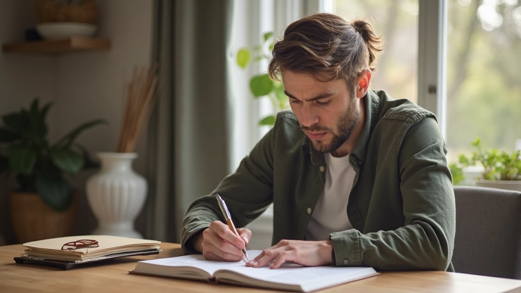 Persoon die journaling doet in een mooi notitieboek in een rustige omgeving