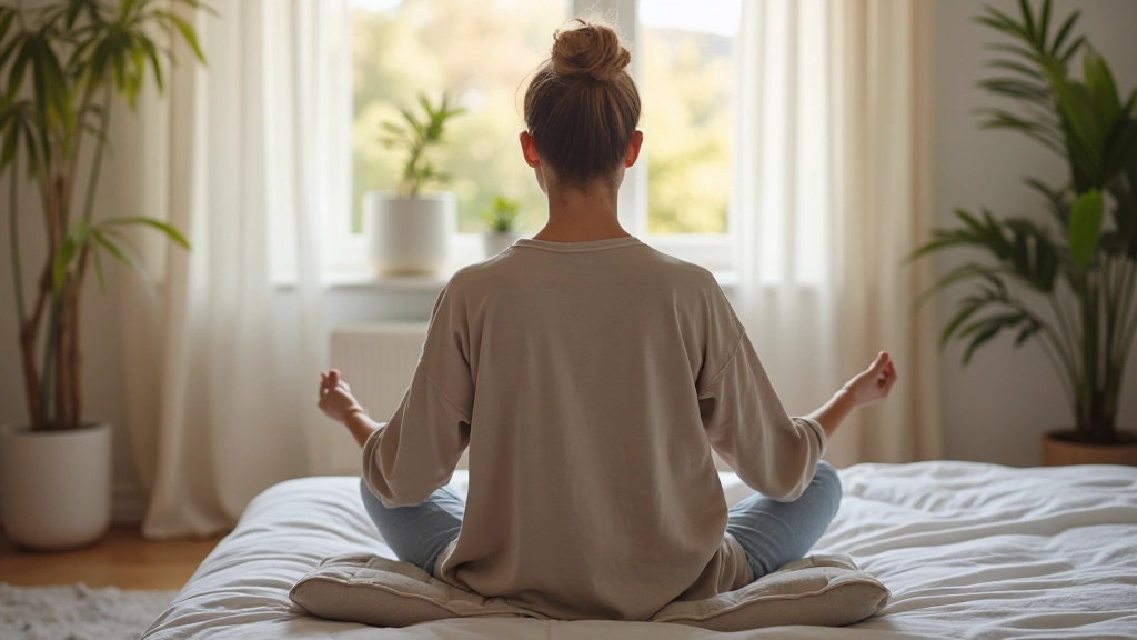 Iemand die thuis comfortabel mediteert op een kussen met serene interieur en natuurlijk daglicht