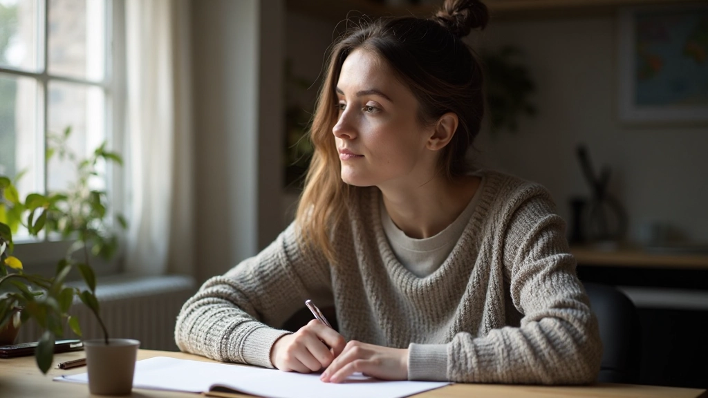 Persoon die in een notitieboekje schrijft, met concentratie en innerlijke rust, natuurlijk daglicht, minimale achtergrond