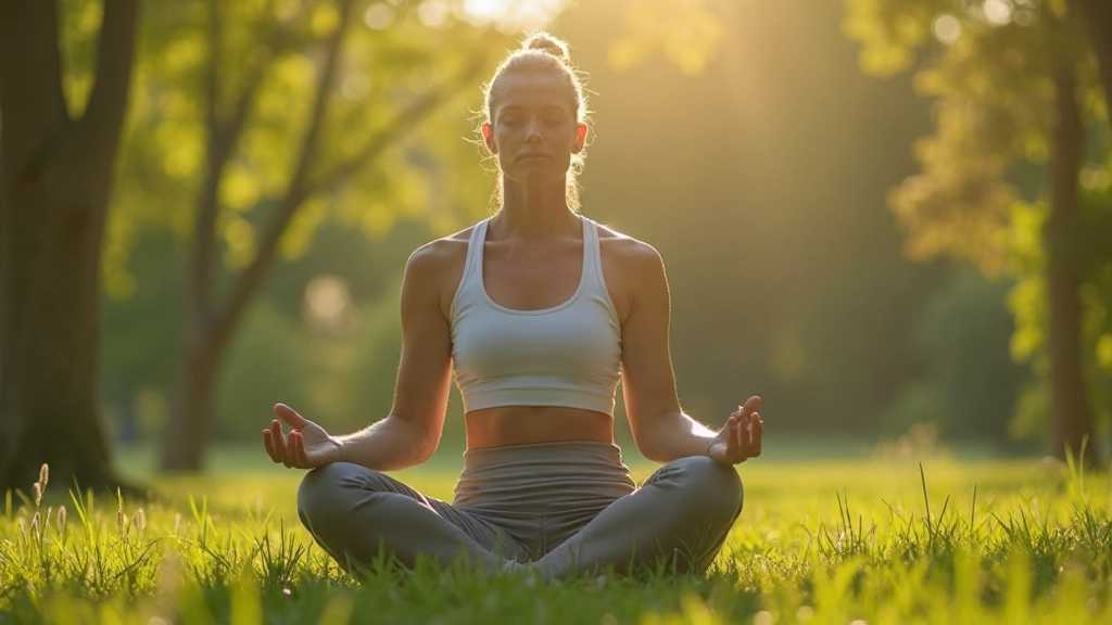 Persoon in meditatie positie in een rustige natuuromgeving met zonlicht