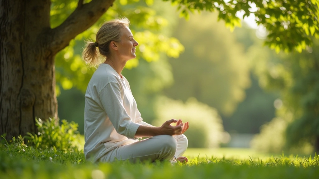 Persoon die meditatief buiten zit onder een boom met natuurlijk licht dat door bladeren valt, uitdrukking van vrede en concentratie