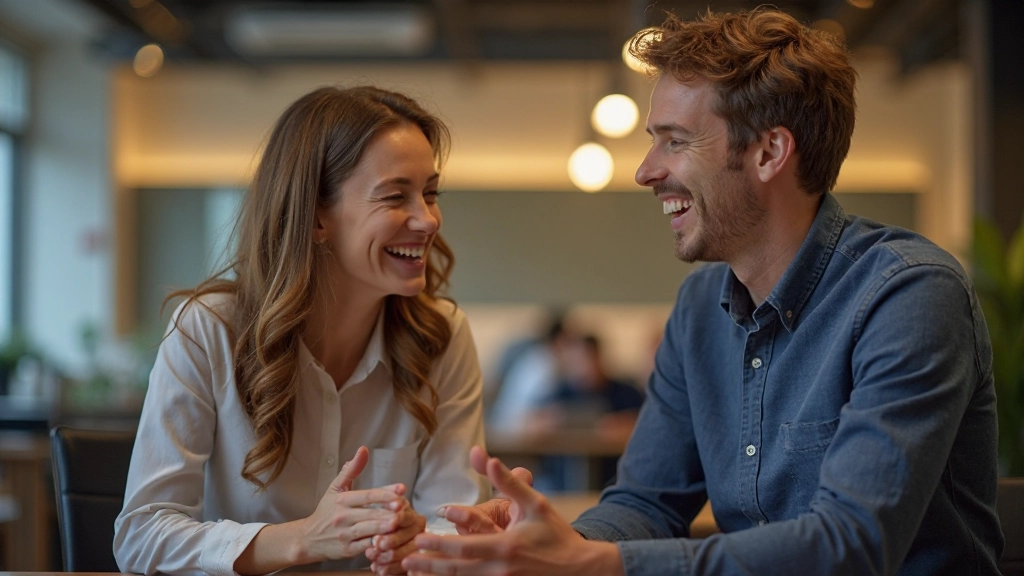 Twee collega's na een authentiek gesprek, lachend en ontspannen, echte vriendschap zichtbaar, warme werkplek