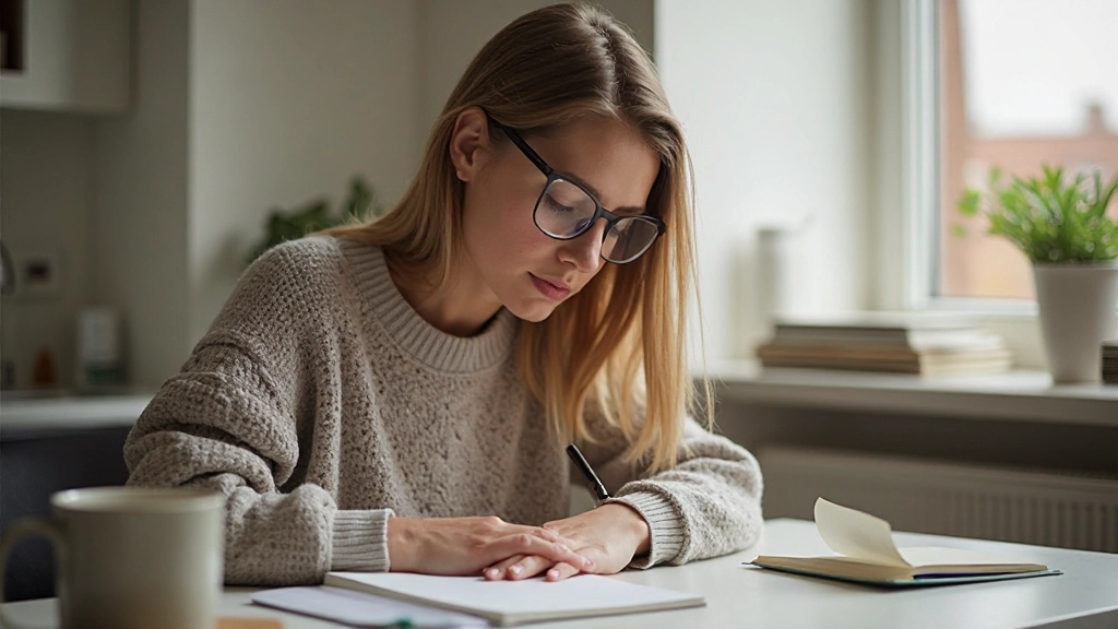 Woman writing in journal with coffee cup at organized desk in morning light