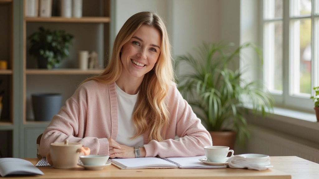 Persoon die aan een bureau zit met een kopje thee en een open notitieboek, gereed om te gaan schrijven