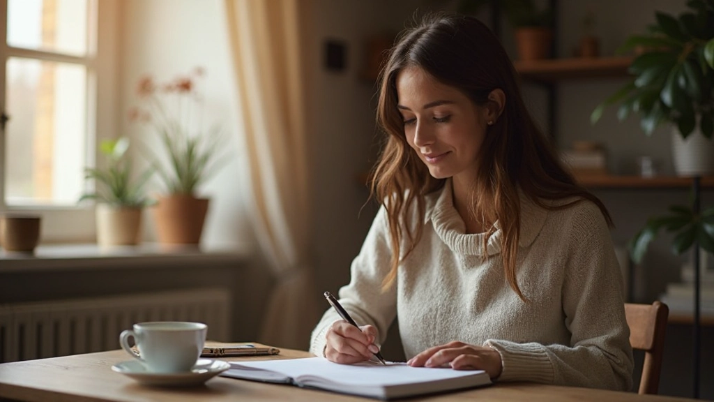 Vrouw die in een notitieboek schrijft, moment van zelfreflectie en journaling voor emotionele groei