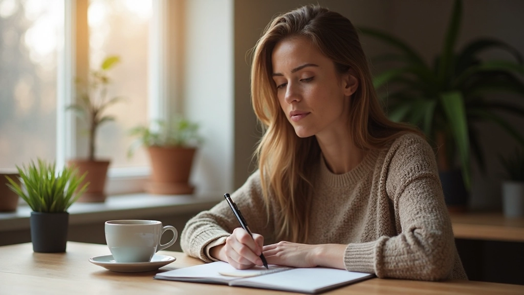 Woman writing in journal with coffee cup at organized desk in morning light