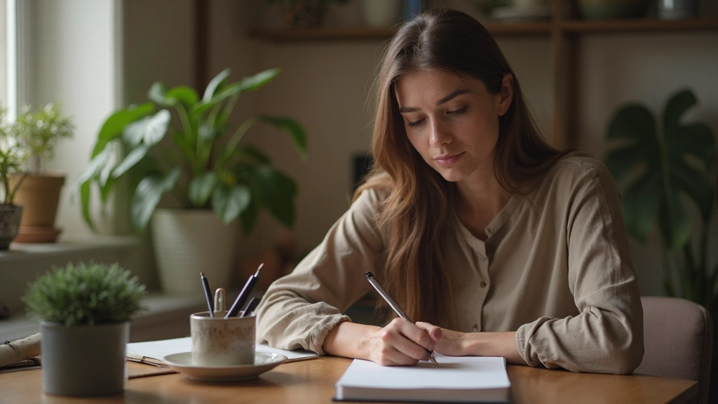 Persoon die in een notitieboek schrijft voor reflectie en zelfbewustzijn