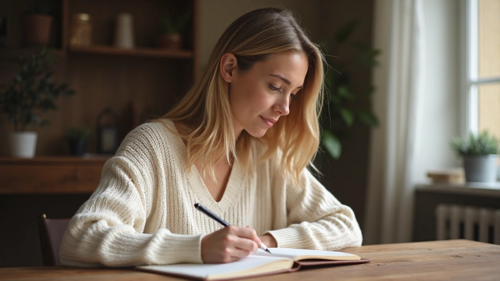 Persoon die in een notitieboek schrijft op een comfortabele werkplek met natuurlijk licht