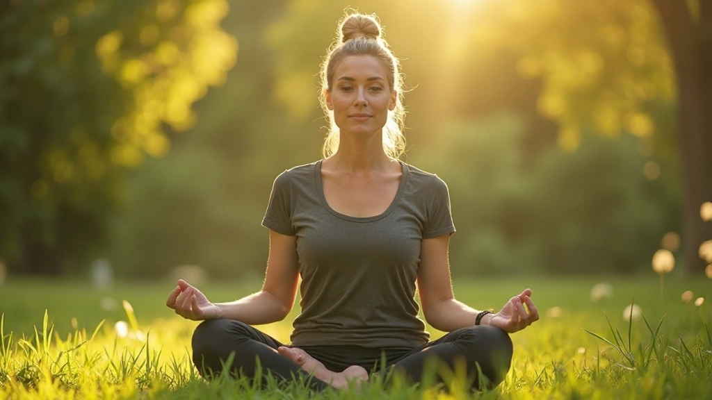Vrouw in rustige meditatiehouding in serene natuuromgeving met zachte ochtendlicht en vredige atmosfeer