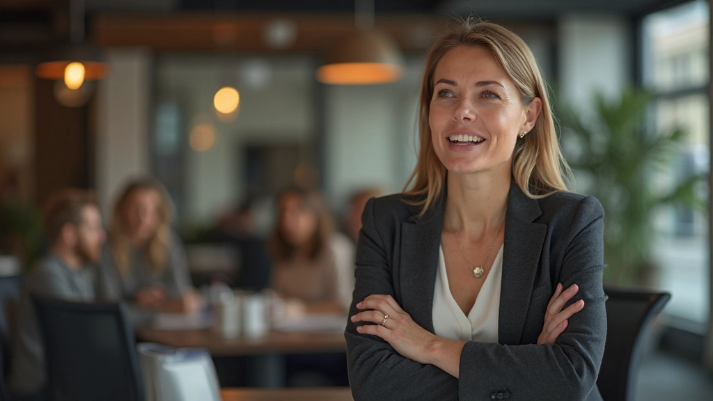 Persoon die met zelfvertrouwen spreekt, oprechte gezichtsuitdrukking, staande positie met open houding, kantoorsetting