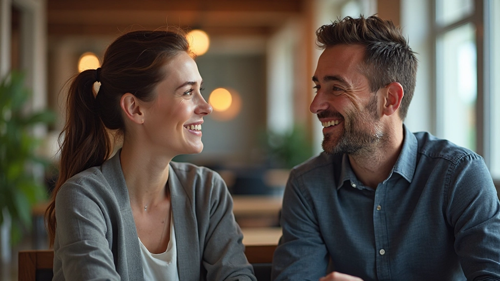 Twee mensen in een diepgaand gesprek, gezichten ontspannen en geconcentreerd, warm kantoorlicht, vage achtergrond